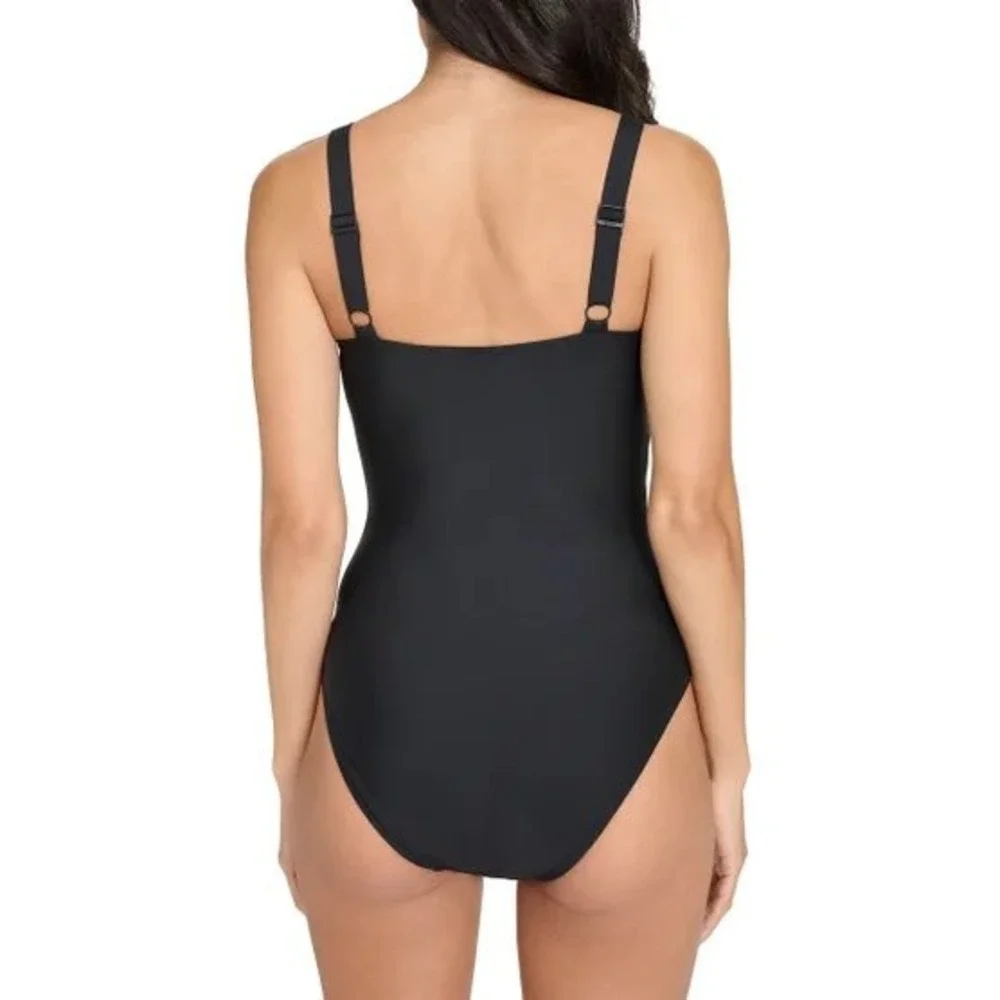 NWT Women's Black Ruched 1 Piece Swimsuit Scoop Neck Adjustable Straps - Picture 2 of 3